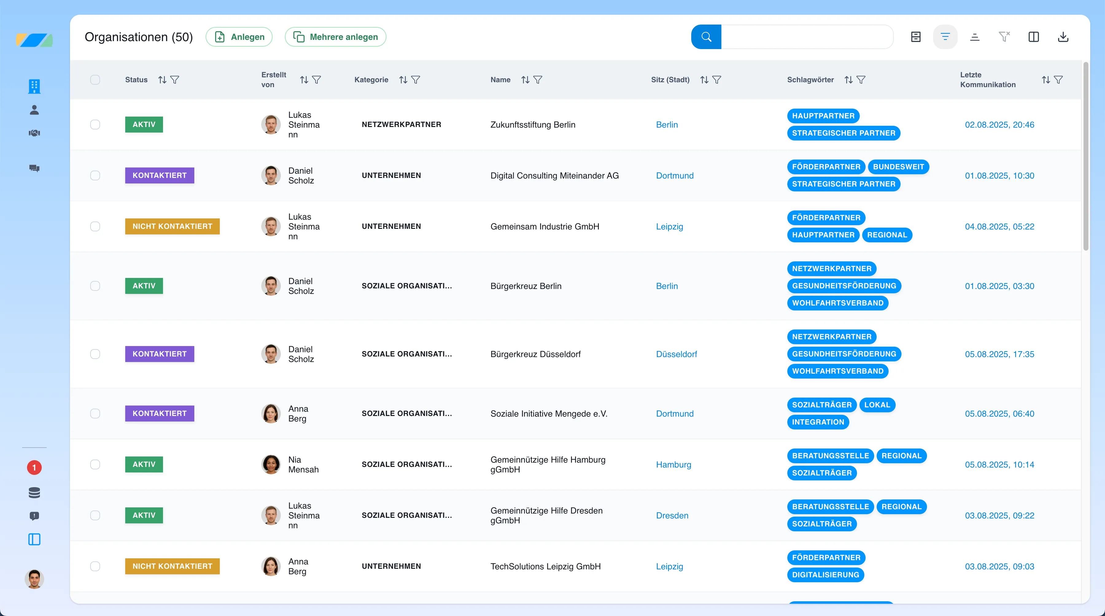 Pathleader Plattform - Listenansicht von Organisationen
