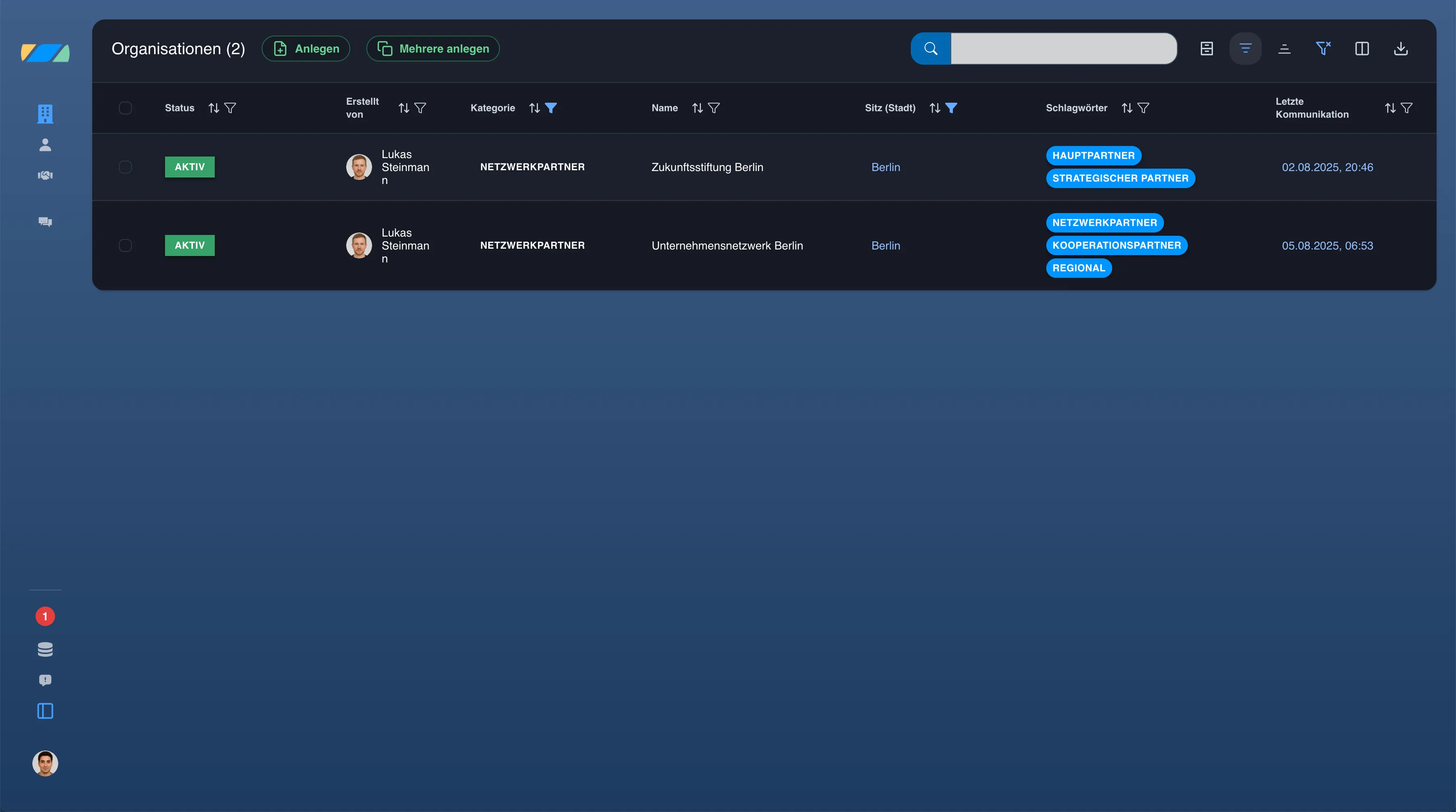 Pathleader Plattform - Gefilterte Listenansicht von Organisationen