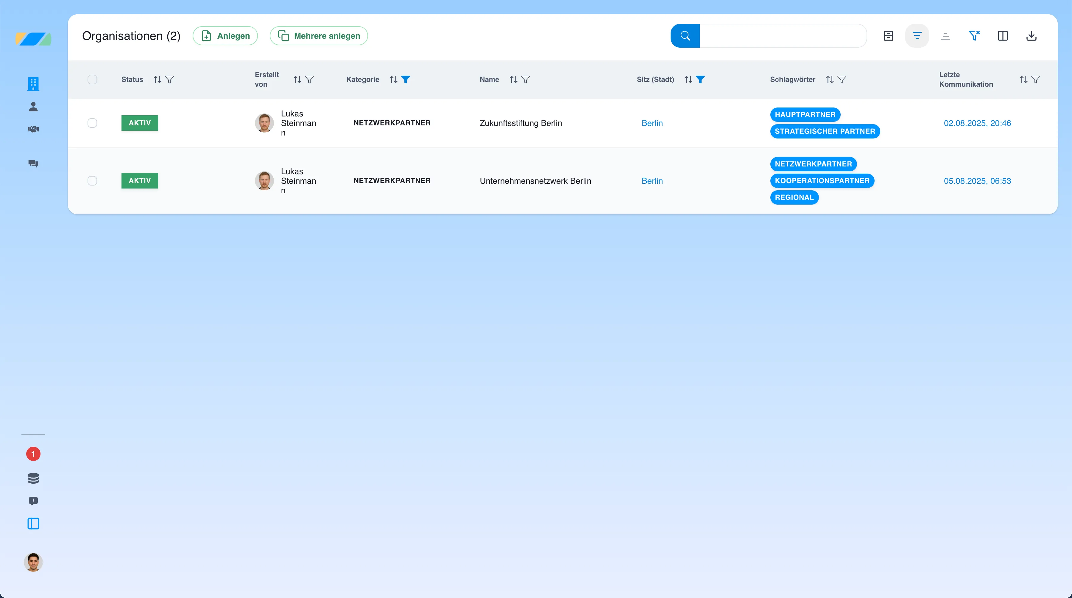 Pathleader Plattform - Gefilterte Listenansicht von Organisationen