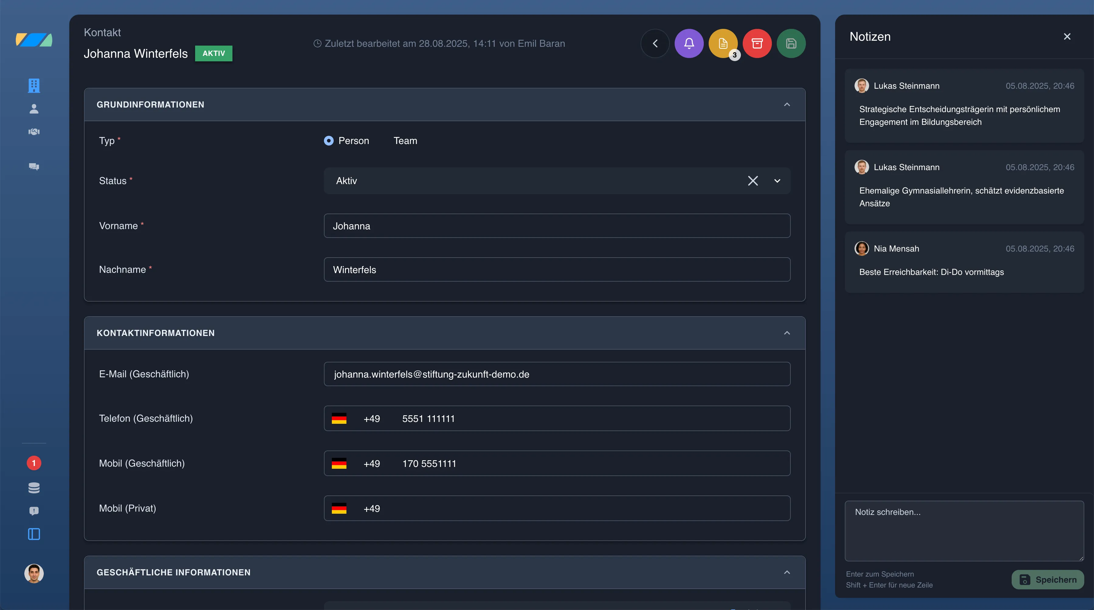 Pathleader Plattform - Detailansicht von Kontakt mit Notizen