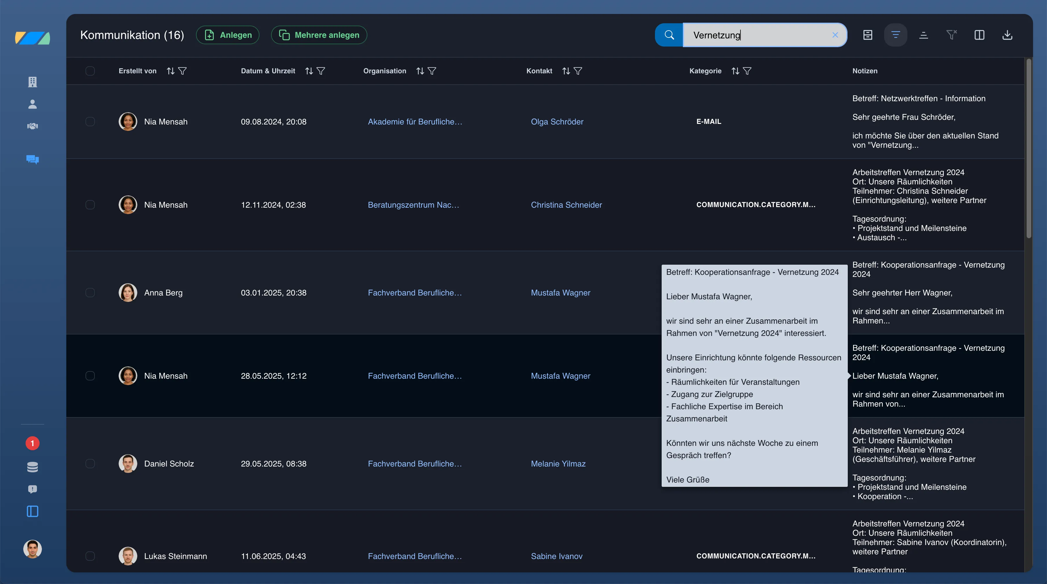 Pathleader Plattform - Listenansicht von Kommunikation mit aktiver Suche