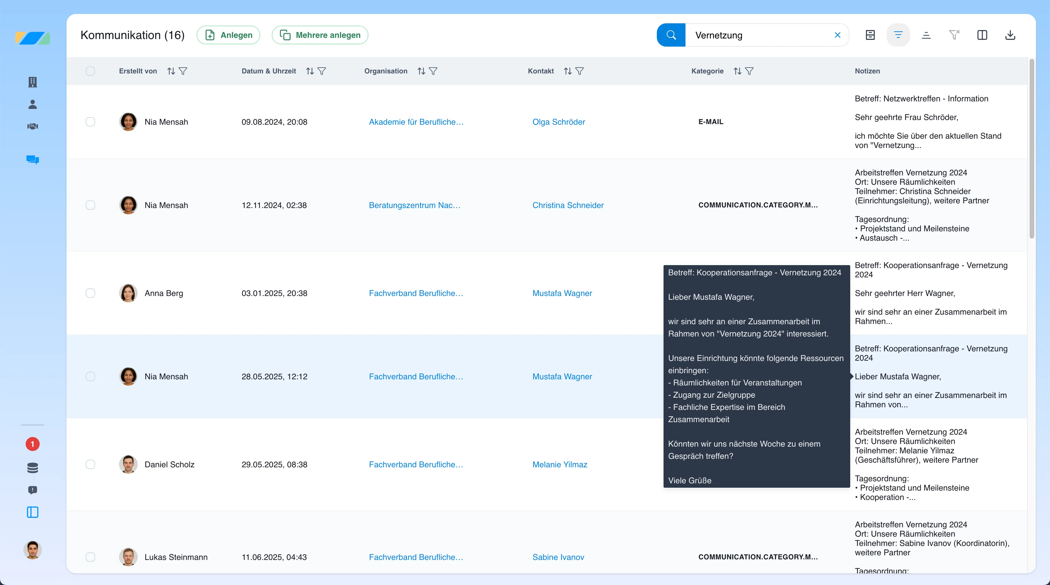 Pathleader Plattform - Listenansicht von Kommunikation mit aktiver Suche